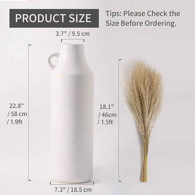 Mitt&Ditt Tall Floor Vase with Handles, 22.8 inch Large Flower Vase, Boho Decorative Pampas Grass Vases, Modern Ceramic Vase for Home Decor, Living Room, Table (White)
