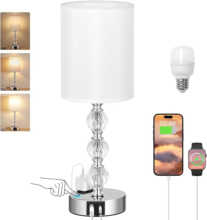 Touch Bedside Crystal Lamps for Bedrooms Nightstand with USB C+A Charging Port and AC Outlet White, 3 Way Dimmable Silver Small End Side Table Lamp for Living/Guest/Dinning Room/Kitchen