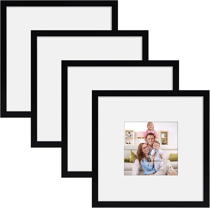 Giftgarden Black 8x8 Picture Frame Set of 4, Matted to 4x4 Picture with Mat, Matted Square Frames for Wall or Tabletop Display