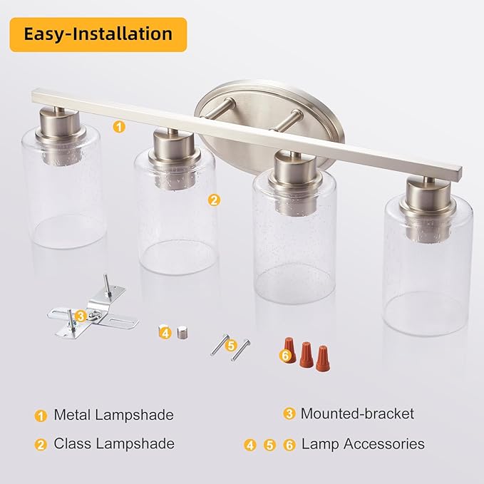 Bathroom Vanity Light Fixtures Over Mirror, Seeded Glass Bathroom Vanity Light, 4 Light Brushed Nickel Bathroom Light Fixtures with Clear Glass, Modern Rustproof Vanity Light Wall Mount