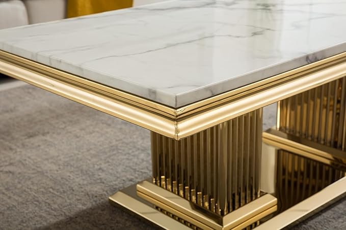 SSLine Rectangular Faux Marble Coffee Table for Living Room Modern Luxury White Marble Center Table with Gold Pedestal Base 46.8" Mid-Century Cocktail Table with Mirrored Stainless Steel Frame