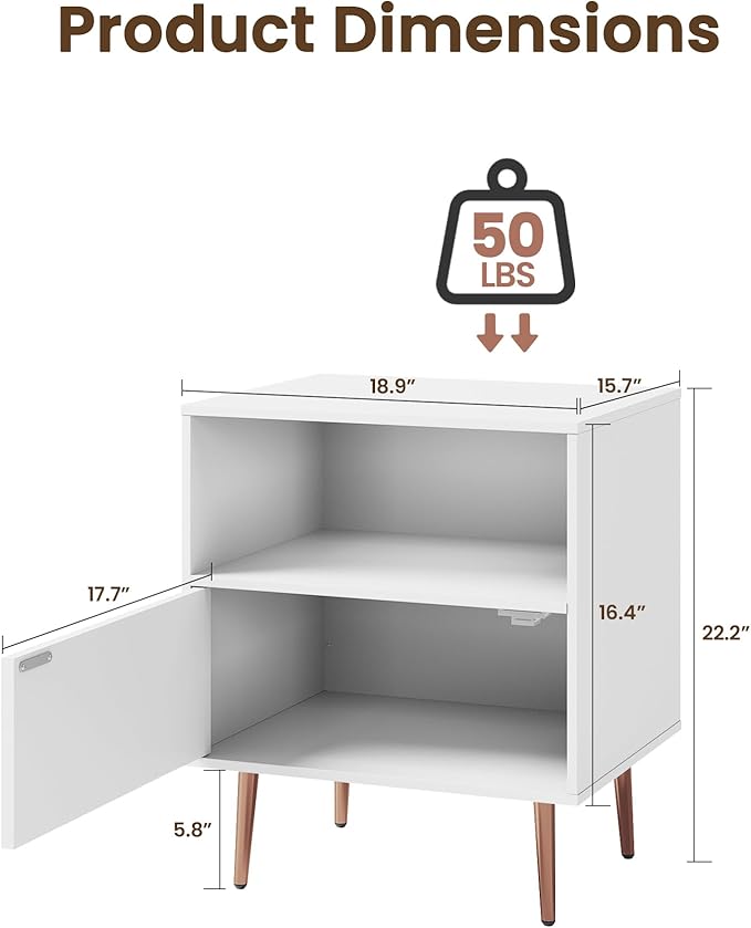 White Night Stand Set 2,Modern Bedside Table with Door and Open Storage,Fluted Nightstand and Wood End Side Table with Rose Gold Metal Legs and Handles for Bedroom,Living Room,White