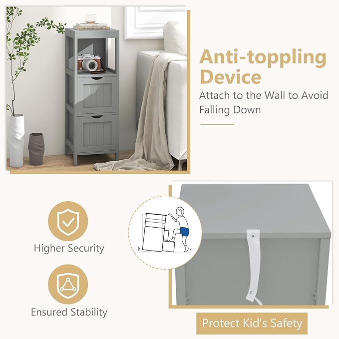 Tangkula Small Bathroom Storage Cabinet with 2 Removable Drawers, Wood Freestanding Floor Cabinet for Bathroom, Anti-Tipping Device, Side Corner Cabinet for Small Spaces (Grey)