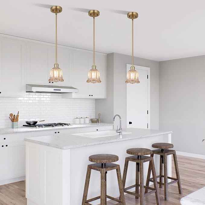 Modern Gold Pendant Light Brushed Brass Mid Century Chandelier Amber Glass Shades Adjustable Rods Farmhouse Ceiling Hanging Lighting Fixture Kitchen Island Dining Room Bedroom