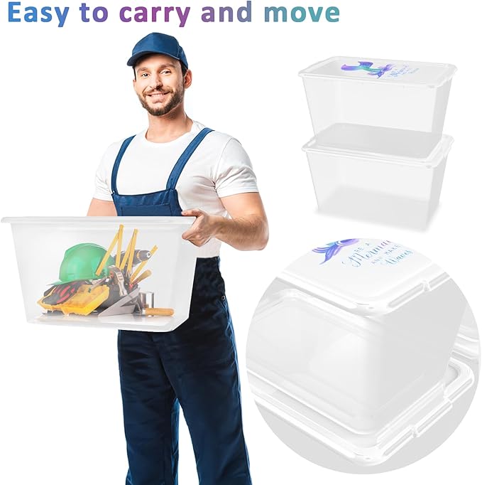Storage Totes with Lids - Made in USA 14.5-Gallon (58-Quart) 4-Pack storage bins with lids plastic storage containers large storage boxes for Organizer Mermaid White/Clear