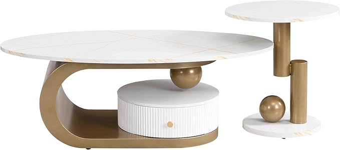 Marble Nesting Coffee Table Set of 2,Modern Oval Center Tea Table and Round Side Nightstand Set w/Drawer andFaux Marble Top and Metal Frame for Living Room Accent Furniture (Gold White)