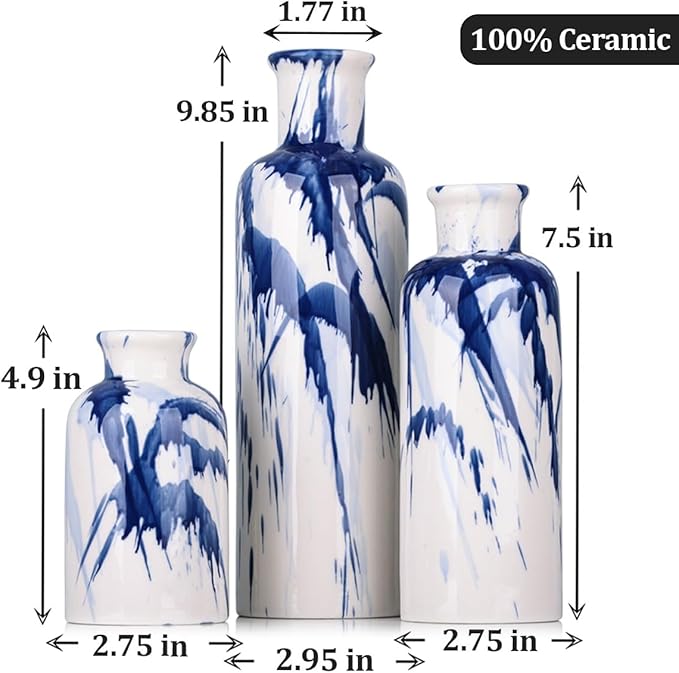 Blue Ceramic Vase Set of 3 - Decorative Navy Blue and White Vase for Centerpieces, Farmhouse and Home Decor - Ideal for Living Room, Kitchen, Bedroom, Dining Table and Office Decor