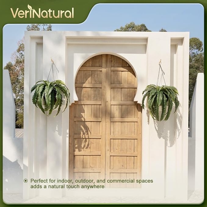 48" Artificial Boston Fern Hanging Plants with Basket - UV Resistant Fake Plant for Outdoor Indoor - Large Realistic Faux Greenery for Front Porch, Front Door, Patio Decor, Set of 2, VN142