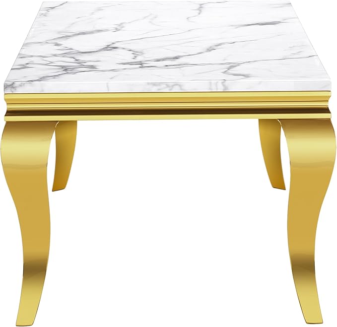 SSLine Rectangular Faux Marble Coffee Table for Living Room Modern Luxury White Marble Center Table with Gold Curved Legs 46.8" Mid-Century Cocktail Table with Mirrored Stainless Steel Frame
