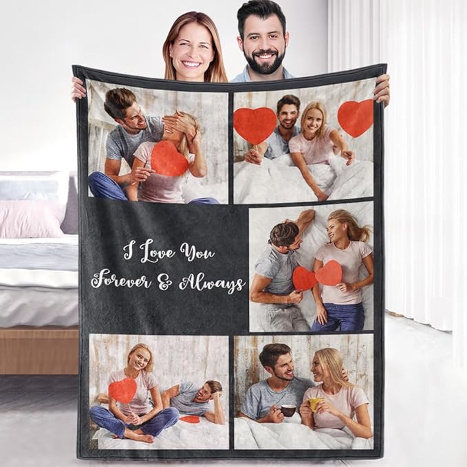 Sherpa Fleece Custom Photo Blanket - Soft, Warm, Fuzzy - Personalized Couples Gifts for Boyfriend, Girlfriend - Customized Picture Blanket for Birthday, Christmas