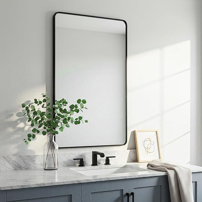 24"x40" Bathroom Wall Mirror with Matte Black Metal Frame & HD Glass, Copper-Free Mirrors Modern Rectangle Round Corner Framed Vanity Mirror - Horizontal or Vertical Installation