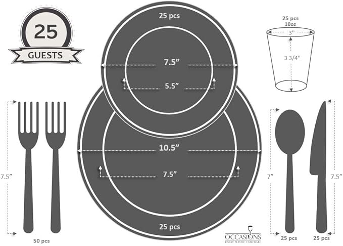 " OCCASIONS " 200pcs set (25 Guests)-Heavyweight Wedding Party Disposable Plastic Plate Set -25 x 10.5'' + 25 x 7.5'' + Silverware + Cups +linen like paper Napkins (Plain Ivory)