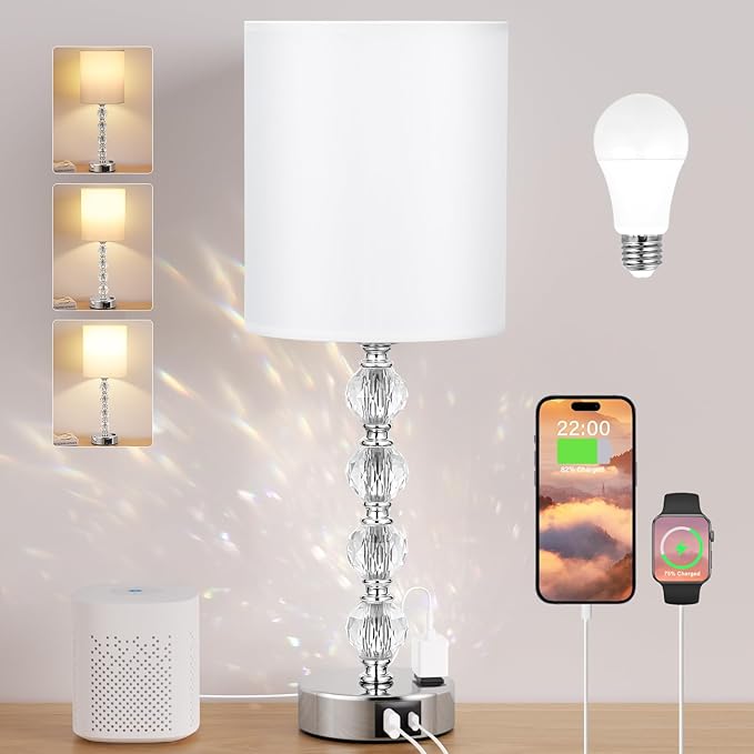 Touch Bedside Crystal Lamps for Bedrooms Nightstand with USB C+A Charging Port and AC Outlet White, 3 Way Dimmable Silver Large End Side Table Lamp for Living/Guest/Dinning Room/Kitchen