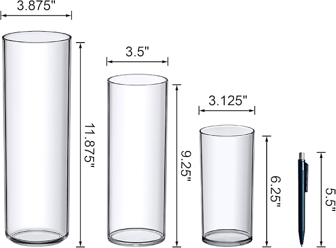Amazing Abby - Viola Magra - Plastic Cylinder Vases (6-Piece Set), Acrylic Flower Vases for Wedding Centerpieces, Home Decorations, Office Ornaments, Shatter-Proof, 6" + 9" + 12" (H) (Not Glass)