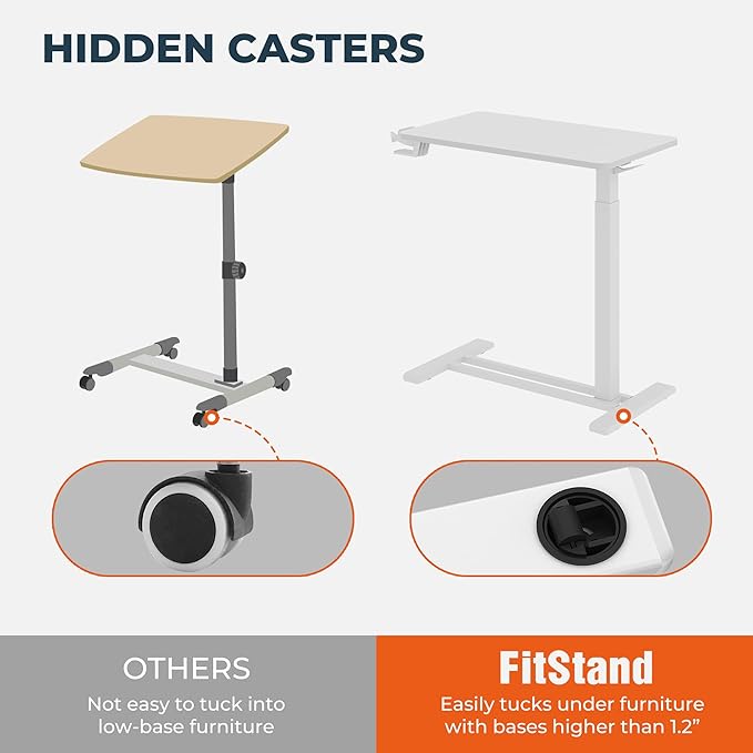 Medical Overbed Adjustable Bedside Table with Hidden Casters, Mobile Pneumatic Rolling Laptop Standing Desk with Tray for Home & Hospital Use, White Table Top + White Edging