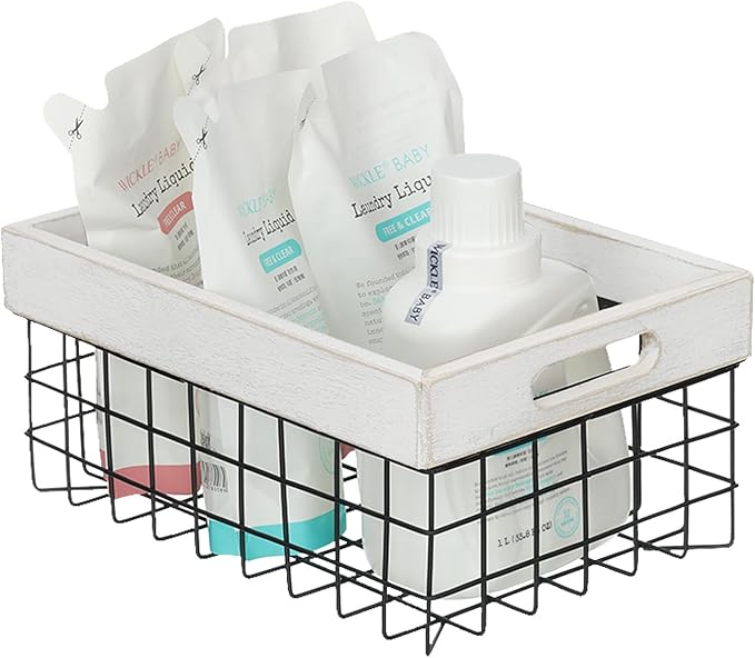 Set of 3 Metal Wire Baskets for Organizing Wood Top with Handles Storage Organizer Farmhouse Decor for Kitchen Cabinets Pantry Laundry Room Bathroom Closets Nesting Countertop Baskets
