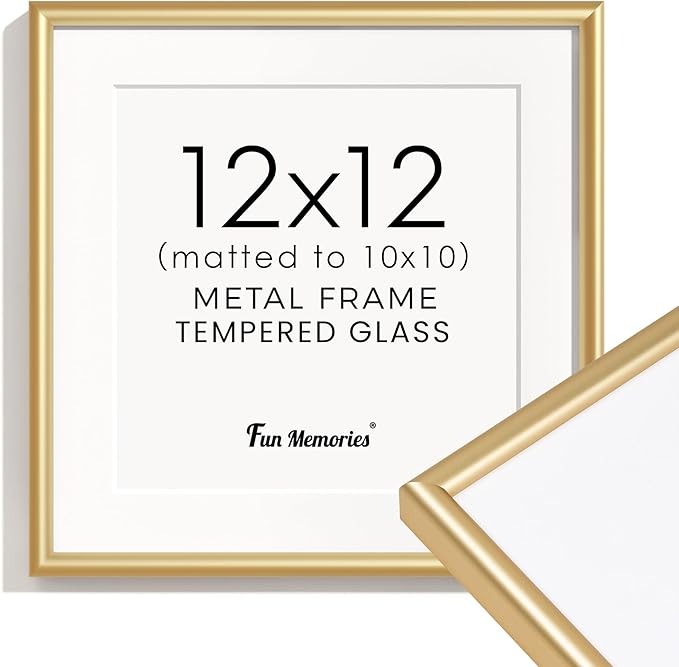 12x12 Gold Picture Frame, Square 12 x 12 Photo Frame for Wall Gallery, Metal Picture Frame 12x12 with Real Glass, Matted to 10x10, Modern 12 x 12 Aluminum Frames for Home Decor