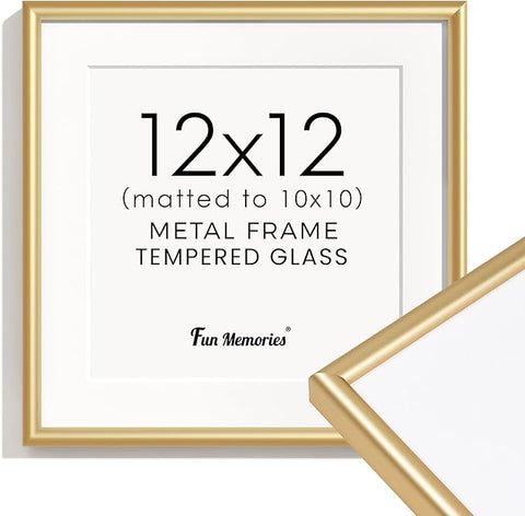 12x12 Gold Picture Frame, Square 12 x 12 Photo Frame for Wall Gallery, Metal Picture Frame 12x12 with Real Glass, Matted to 10x10, Modern 12 x 12 Aluminum Frames for Home Decor