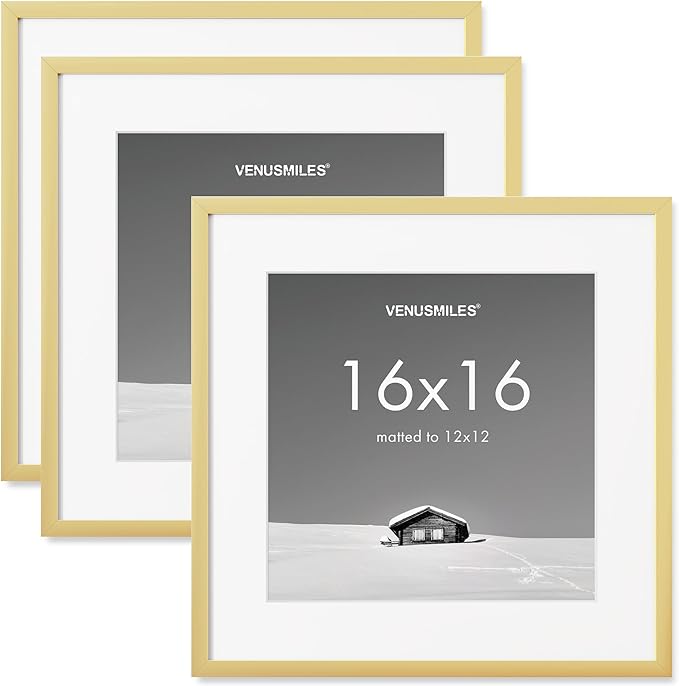 16x16 inch Picture Frame, 16x16 Photo Frames with 12x12 Removable Mat - High Definition Plexiglass - Vertical and Horizontal Display - Wall Hanging Frame - Gold, 3 Pack