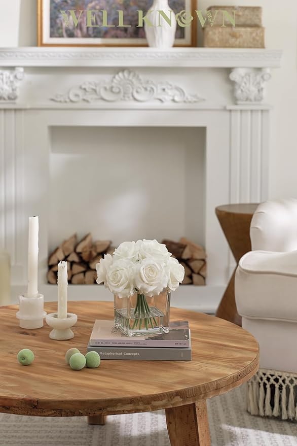 WELL KNOWN Rose Artificial Flowers in Vase with Faux Water, Ivory White Silk Rose Table Centerpieces for Home Coffee Table Decor, Fake Roses Flower Arrangements for Office Hotel Lavatory Decor