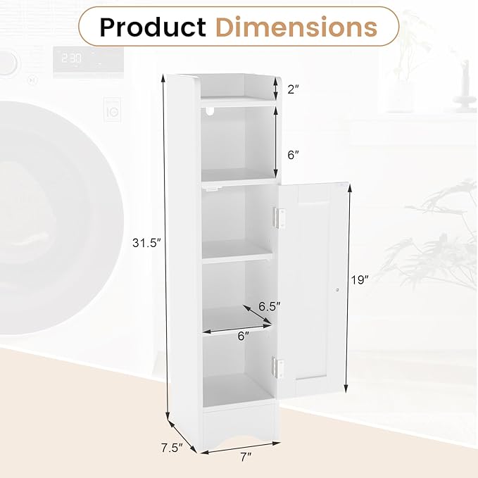 Tangkula Bathroom Storage Cabinet with Door, Toilet Paper Holder Stand with Adjustable Shelves & Open Compartment for Small Spaces, Narrow Freestanding Storage Organizer, 7 x 7.5 x 31.5 Inches (White)