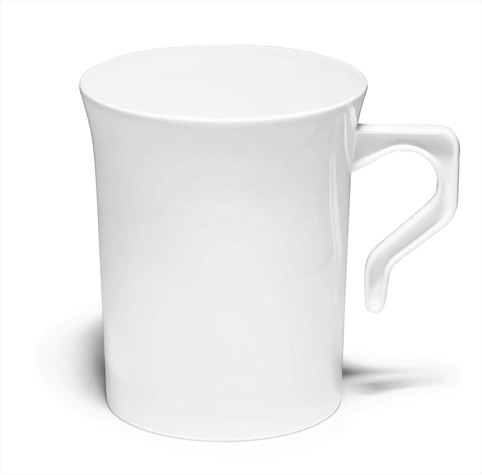 " OCCASIONS " 120 Mugs Pack, Heavyweight Disposable Wedding Party Plastic 8 oz Coffee Mugs/Tea Cups/Cappuccino Cups/Espresso Cup with Handles (8 oz Mugs, Plain White)