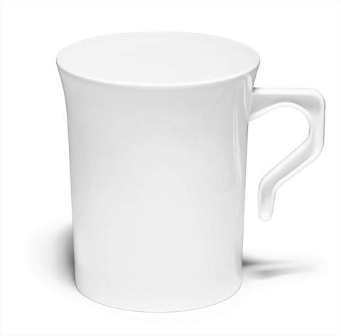 " OCCASIONS " 120 Mugs Pack, Heavyweight Disposable Wedding Party Plastic 8 oz Coffee Mugs/Tea Cups/Cappuccino Cups/Espresso Cup with Handles (8 oz Mugs, Plain White)