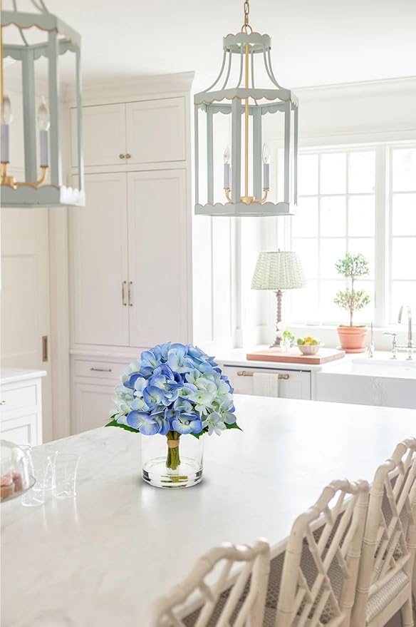 Hollyone Blue Hydrangea Artificial Flowers in Vase Latex Real Touch Small Faux Hydrangea Flowers Arrangements Hydrangeas Fake Flower with Glass Vase with Faux Water for Table Centerpiece Home Decor