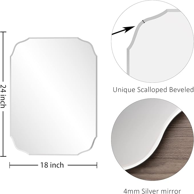 KOHROS Silver Bathroom Mirror 18" x 24" Frameless Rectangle Beveled Edge Bathroom Vanity Mirror for Over Sink, Wall Mirror for Small Bathroom Vanity Bedroom Hanging Horizontally or Vertically
