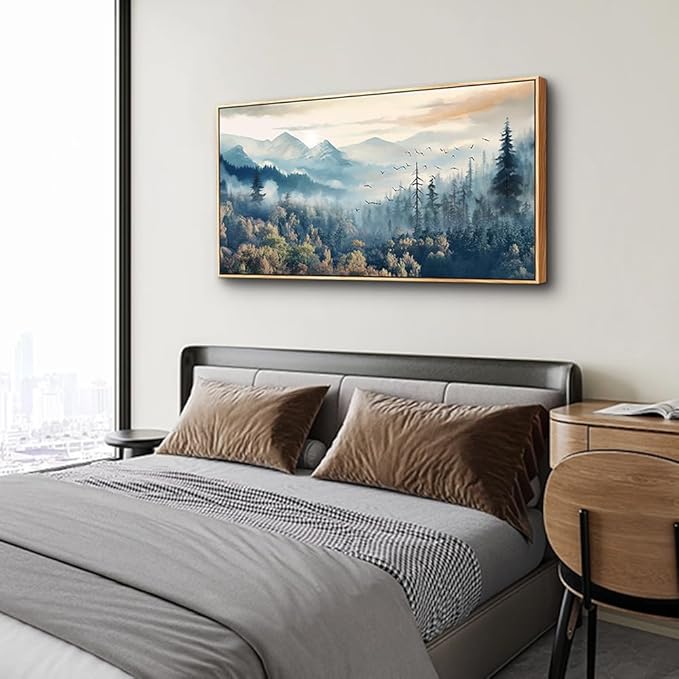 MHARTK66 Large Wall Art - Foggy Forest Trees Landscape Canvas Prints, Framed, Ready To Hang For Living Room, Bedroom, Office Decor