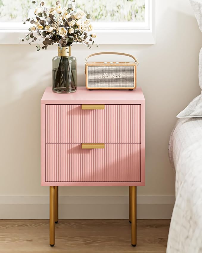 Nightstand,Morden Bedside Table with Gold Frame,Small White Night Stand,End Table,Bedside Furniture,Side Table with Drawer and Shelf for Bedroom,Living Room (2Drawers, Pink)