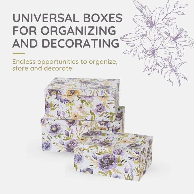 Soul & Lane Decorative Cardboard Storage Boxes with Lids for Home Decor and Organization, Set of 3 Large Keepsake Boxes for Memories & Gifts, Nesting Floral Photo Storage Containers, Purple Passion