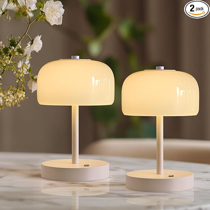 Oneach 9in Cordless LED Mushroom Table Lamp Touch 3 Way Dimmable Bedside Small Lamp Battery Operated Rechargeable Modern Nightstand Desk Lamp for Bedroom Living Room Restaurant White(2 Pack)