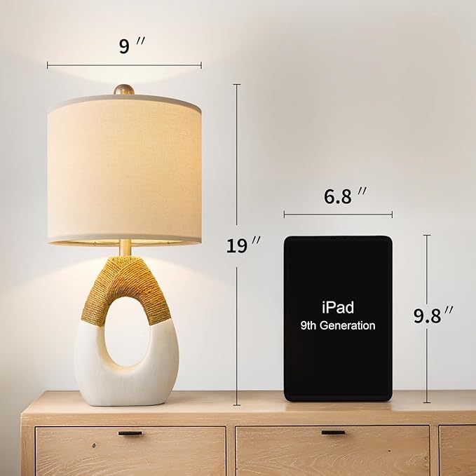 OYEARS Boho Table Lamps Bedroom Living Room Set 2 Small Farmhouse Rattan Table Lamp 19”Rustic Home Decoration Nightstand Bedside Lamp for Office Compatible with Smart Light Bulbs(Not Include Bulbs)