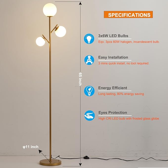 Fiqevs 3 Globe Mid Century Floor Lamp, Vintage Standing Lamp with 3 LED Bulbs & Sphere Frosted Glass Shades, Modern Gold Tree Floor Lamp for Living Room, Bedroom, Office