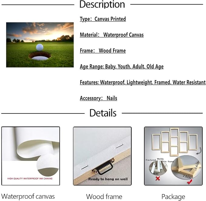 chenchenArt Golf Wall Art for Living Room Bedroom Home Decorations Golf Ball Picture Poster Canvas Prints Modern Artwork Framed Ready to Hang(28''H x 44''W)