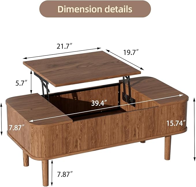 Walnut Coffee Table with Storage, Lift Top Coffee Table, Mid Century Modern Coffee Tables, Lift up Center Table for Living Room