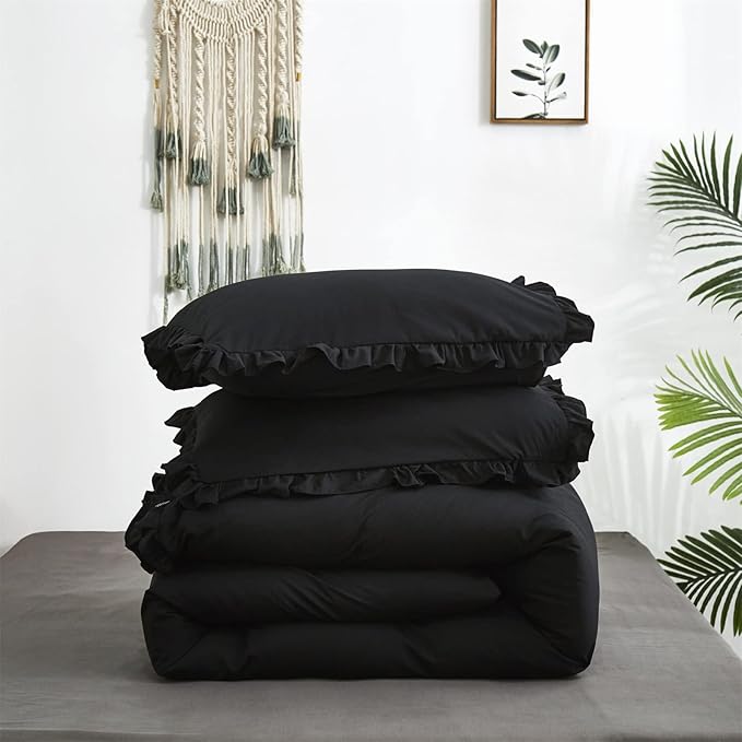 Luxlovery Black Ruffle Comforter Champagne Farmhouse Bedding - California King - Shabby Boho Taupe Blanket Quilts - All Black Color Bohemian Comforter Set