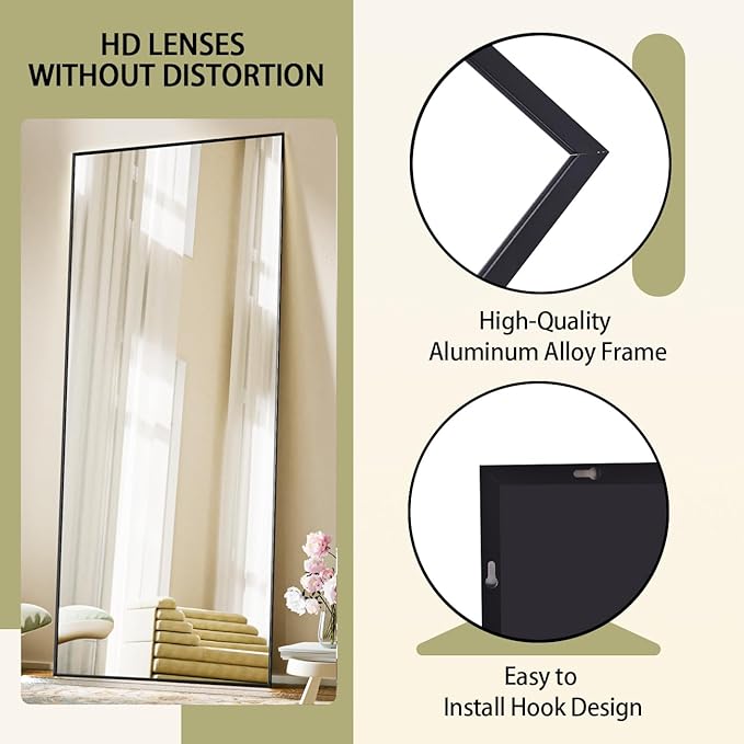 BEAUTYPEAK Full Length Mirror, 71"x26" Standing Hanging or Leaning Against Wall Floor Mirrors Body Dressing Wall-Mounted for Living Room, Bedroom with Aluminum Alloy Thin Frame, Black