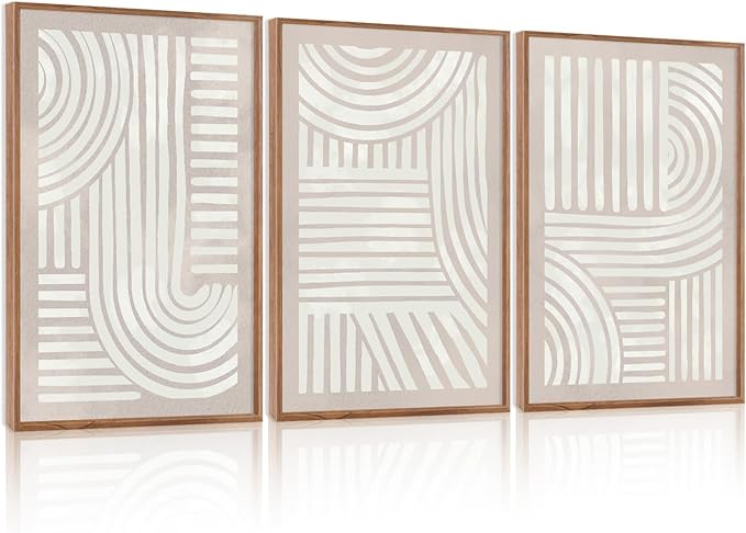 Large Abstract Neutral Geometric Framed Canvas Wall Art,Boho Minimalist Shapes Wall Decor,Modern Lines Artwork,Mid Century Arch Art Print for Living Room,Bedroom,Office-24 x36 x3