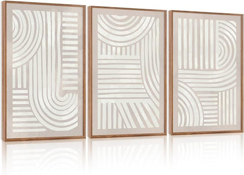 Large Abstract Neutral Geometric Framed Canvas Wall Art,Boho Minimalist Shapes Wall Decor,Modern Lines Artwork,Mid Century Arch Art Print for Living Room,Bedroom,Office-24 x36 x3