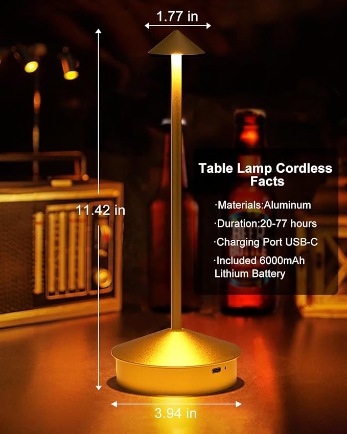 Modern Cordless Table Lamp Set of 2, Portable LED Desk Lamps, 6000mAh Rechargeable Battery Operated Lighting for Bedroom Dining Room Restaurant Coffee Shop Camping Night Light (Gold)