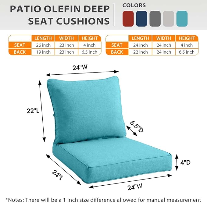 Sundale Outdoor Olefin Deep Seat Cushion Set of 2, Patio Chair Cushion and Pillow, Water-Resistant Sectional Sofa Pad with Straps Teal, 24 x 24 x 4 Inches