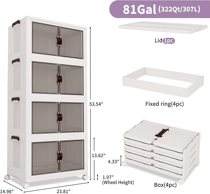 Luxdecor 185Qt Storage Bins With Lids-Stackable Plastic Storage Bins on Wheels, Closet Organizers and Storage,Collapsible Storage Cabinet with Doors for Home Office Garage Under Stairs,3 Tier White