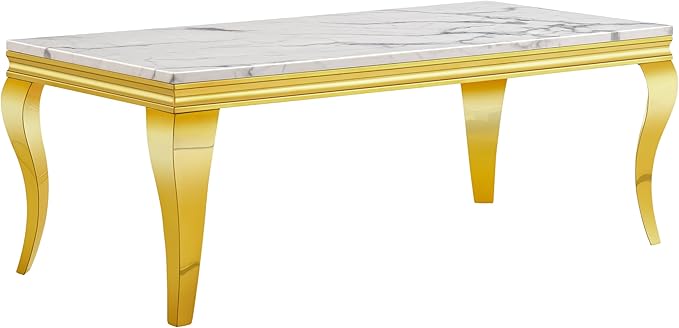 SSLine Rectangular Faux Marble Coffee Table for Living Room Modern Luxury White Marble Center Table with Gold Curved Legs 46.8" Mid-Century Cocktail Table with Mirrored Stainless Steel Frame