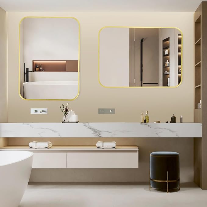 20x28 Inch Bathroom Mirror for Wall,Matte Gold Framed Rectangle Mirror with Rounded Corner,Aluminum Alloy Framed Brushed Wall Mirror for Bedroom or Living Room,Vertical or Horizontal