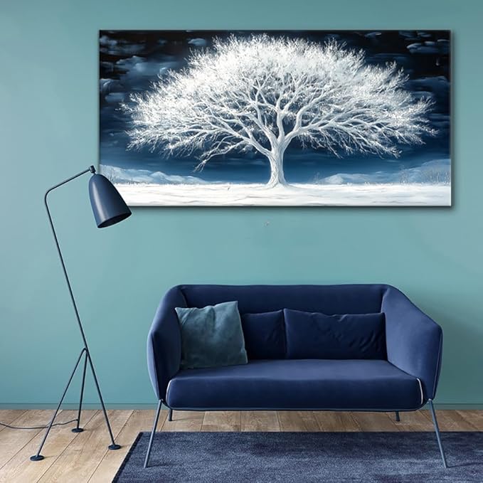 Calming Tree of Life Wall Art for Living Room Office Navy Blue Snow White Canvas Painting Prints Nature Artwork Family Bedroom Decor (20x40 Inches)