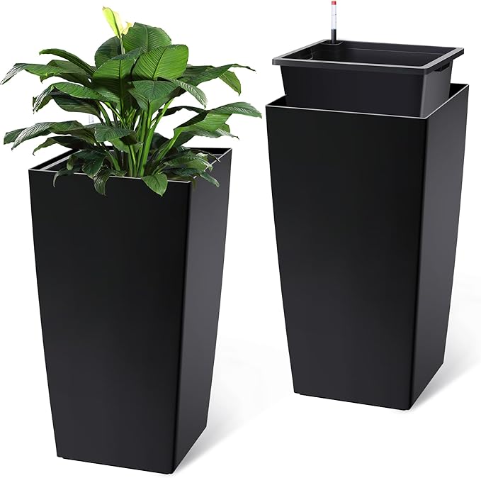 GAOMON 30" Tall Planter Set of 2,Heavy Duty Tall Planter,High Front Porch Planter Pots with Drainage Holes＆Water Level Monitor＆Inner Bucket, Automatic Watering,Indoor/Outdoor Grande Plant,Tree,Black…