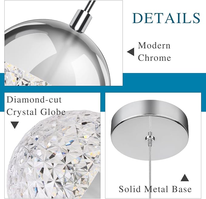 Crystal Pendant Light, Chrome Chandelier for Kitchen Island, Adjustable Modern LED Globe Pendant Light for Dining Room, 8W 3000/4000/5000K CCT Selectable, Dimmable, ETL 1-Pack