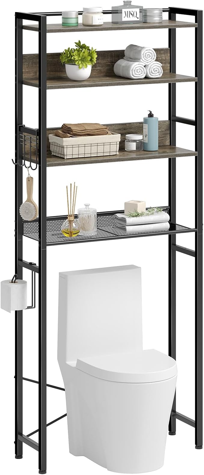 Rolanstar Over The Toilet Storage 4-Tier, Freestanding Bathroom Organizer, Sturdy Behind Toilet Rack with Hooks, Space-Saving Design, Fits Most Toilets, Gray